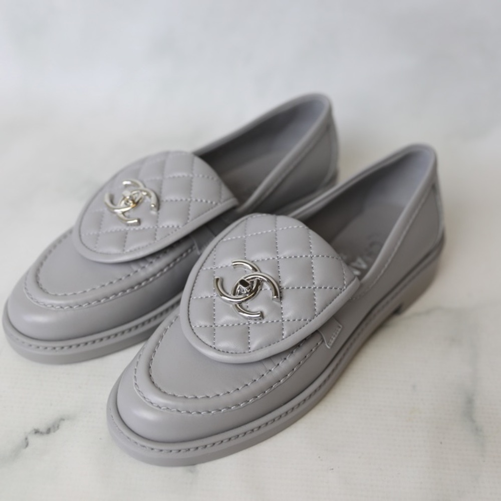 Chanel Grey Turnlock Loafers